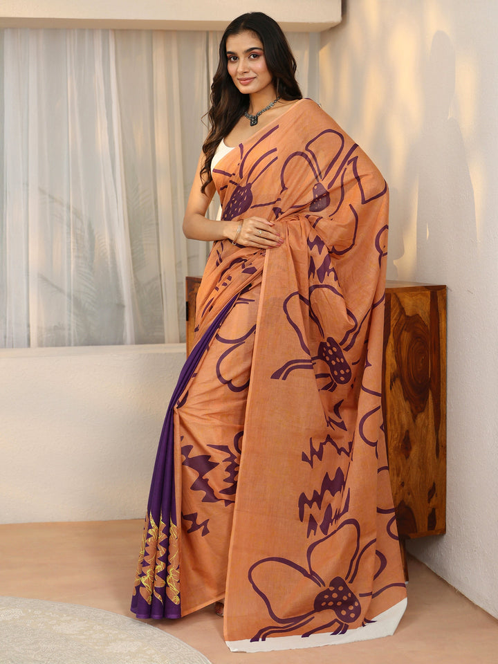 Libas Brown Abstract Printed Cotton Saree