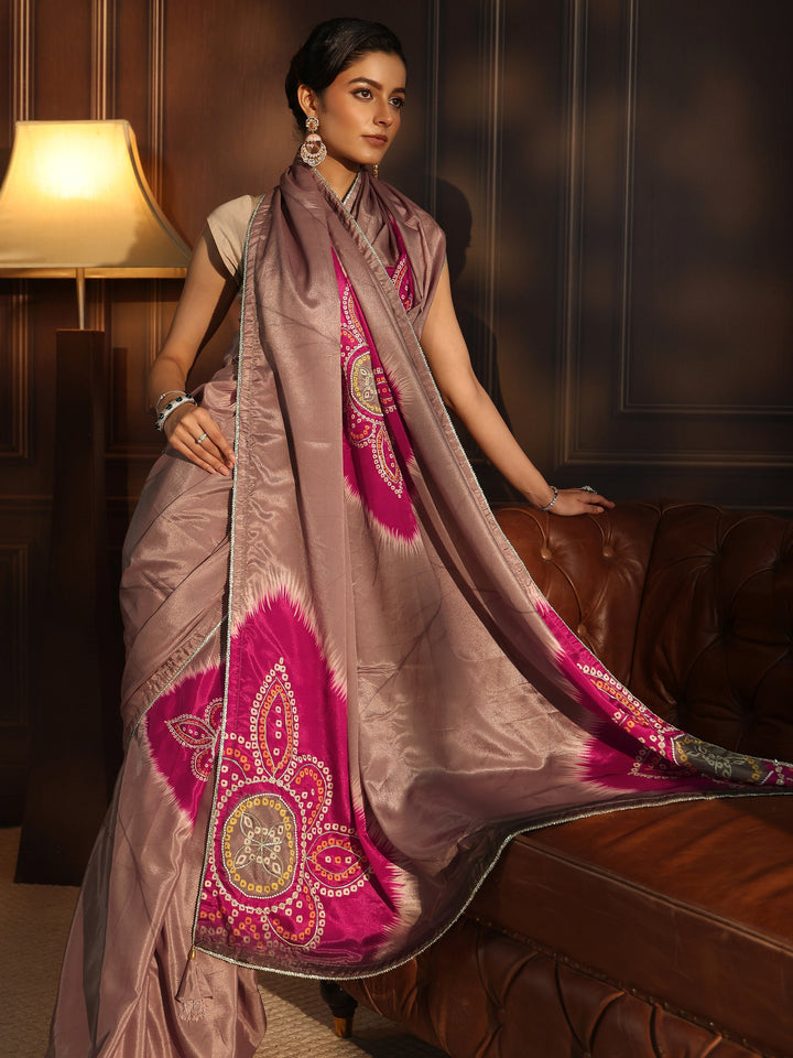 Libas Brown Bandhani Printed Pallu Silk Blend Saree
