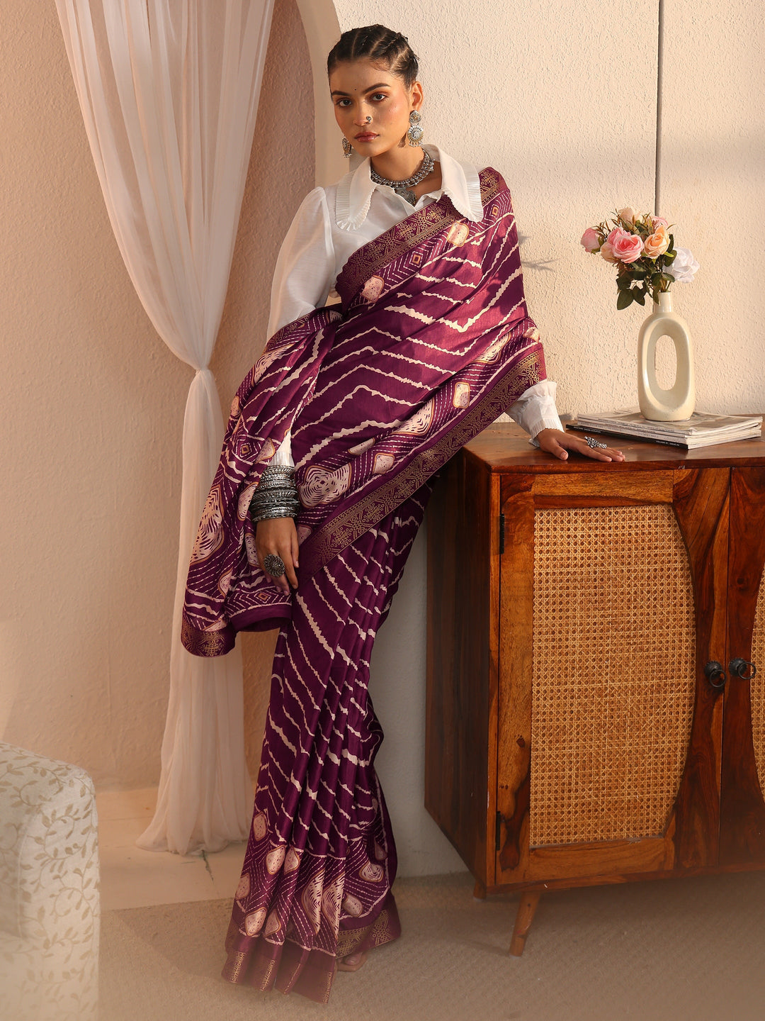 Libas Brown Chevron Printed Silk Blend Saree