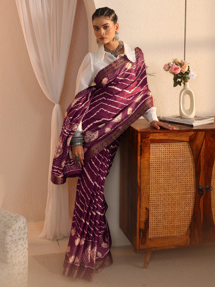 Libas Brown Chevron Printed Silk Blend Saree