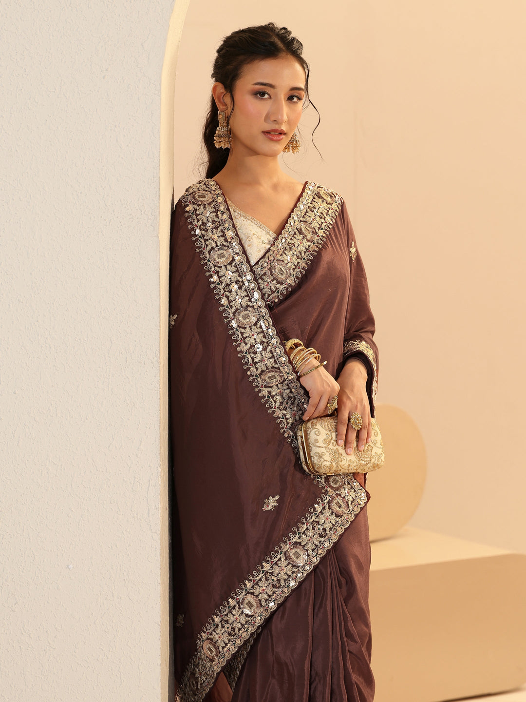 Libas Brown Embroidered Silk Blend Saree