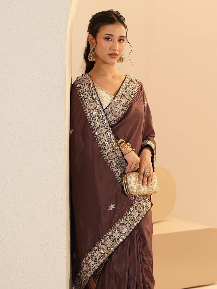 Libas Brown Embroidered Silk Blend Saree