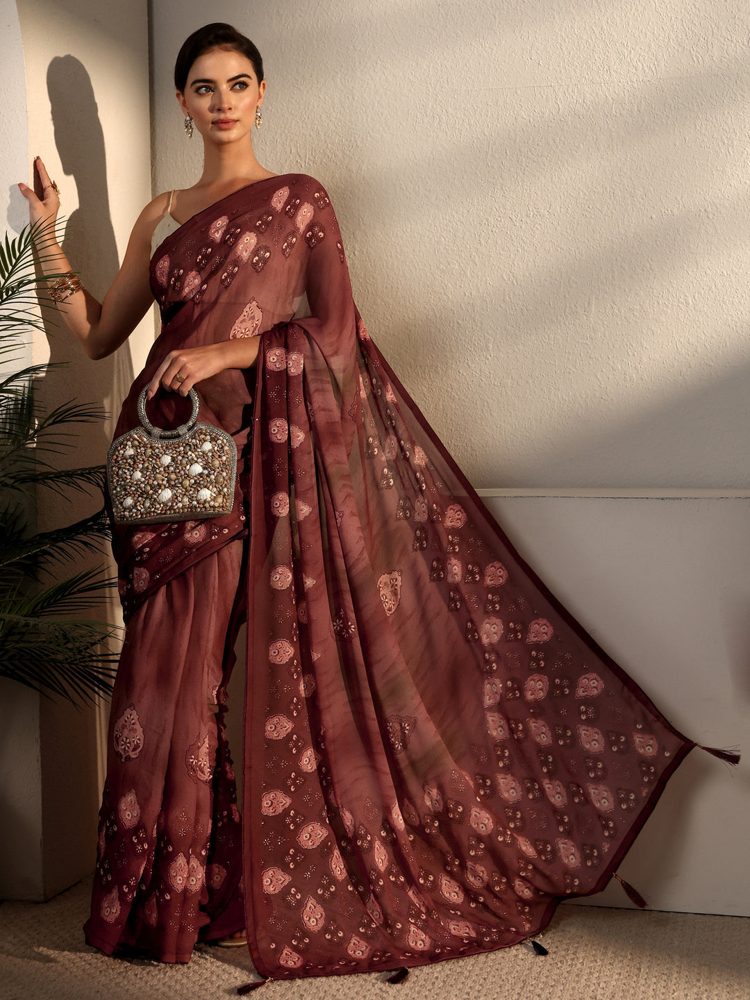 Libas Brown Ethnic Printed Georgette Saree