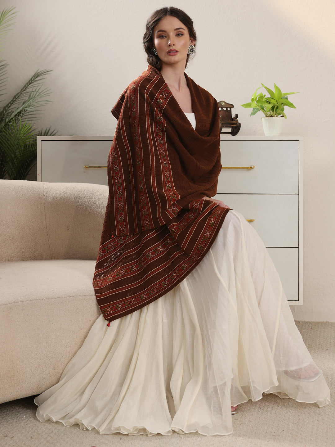 Libas Brown Ethnic Striped Knitted Acrylic Wrap Shawl