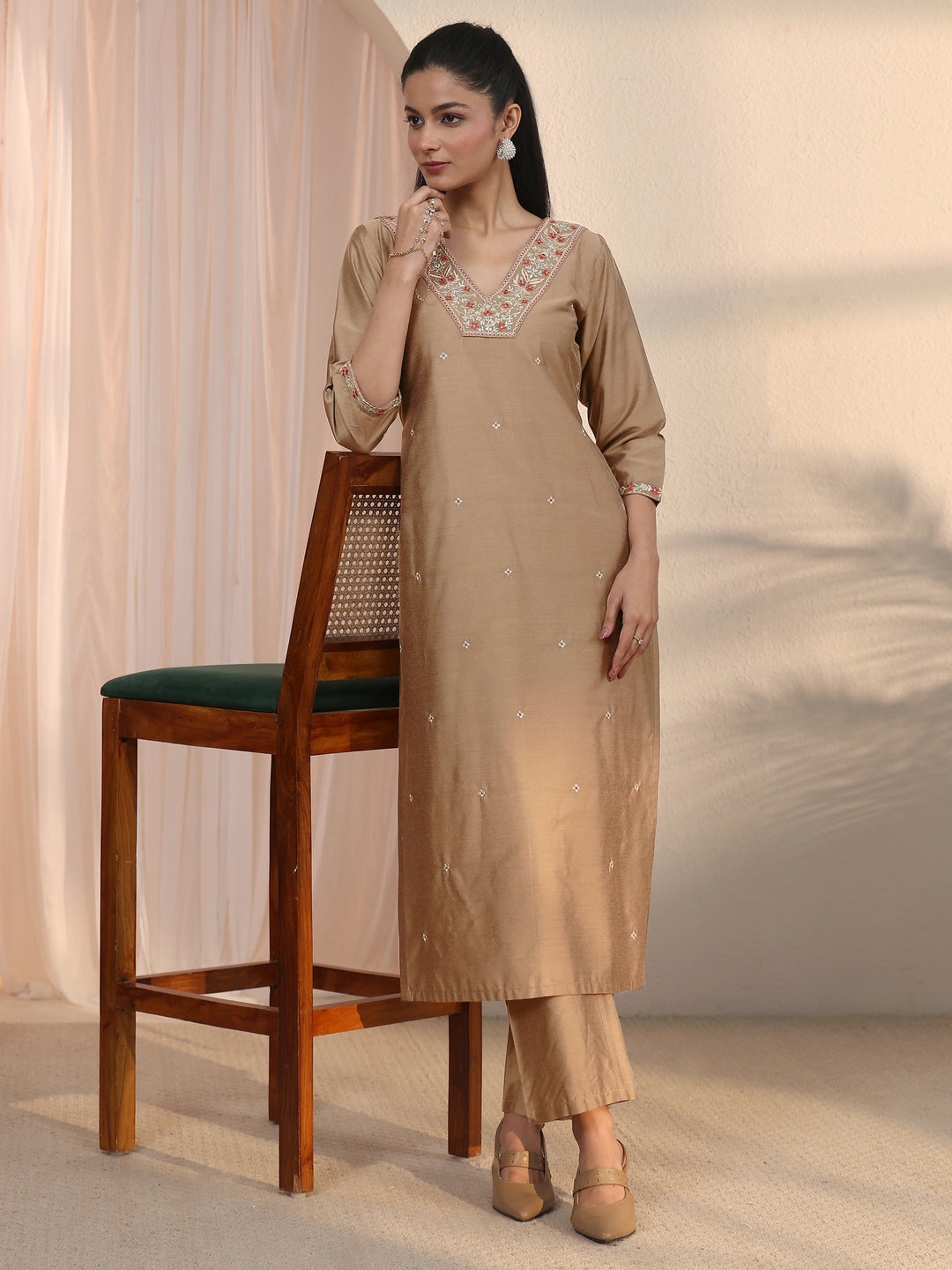 Libas Brown Floral Embroidered Silk Blend Straight Kurta Set