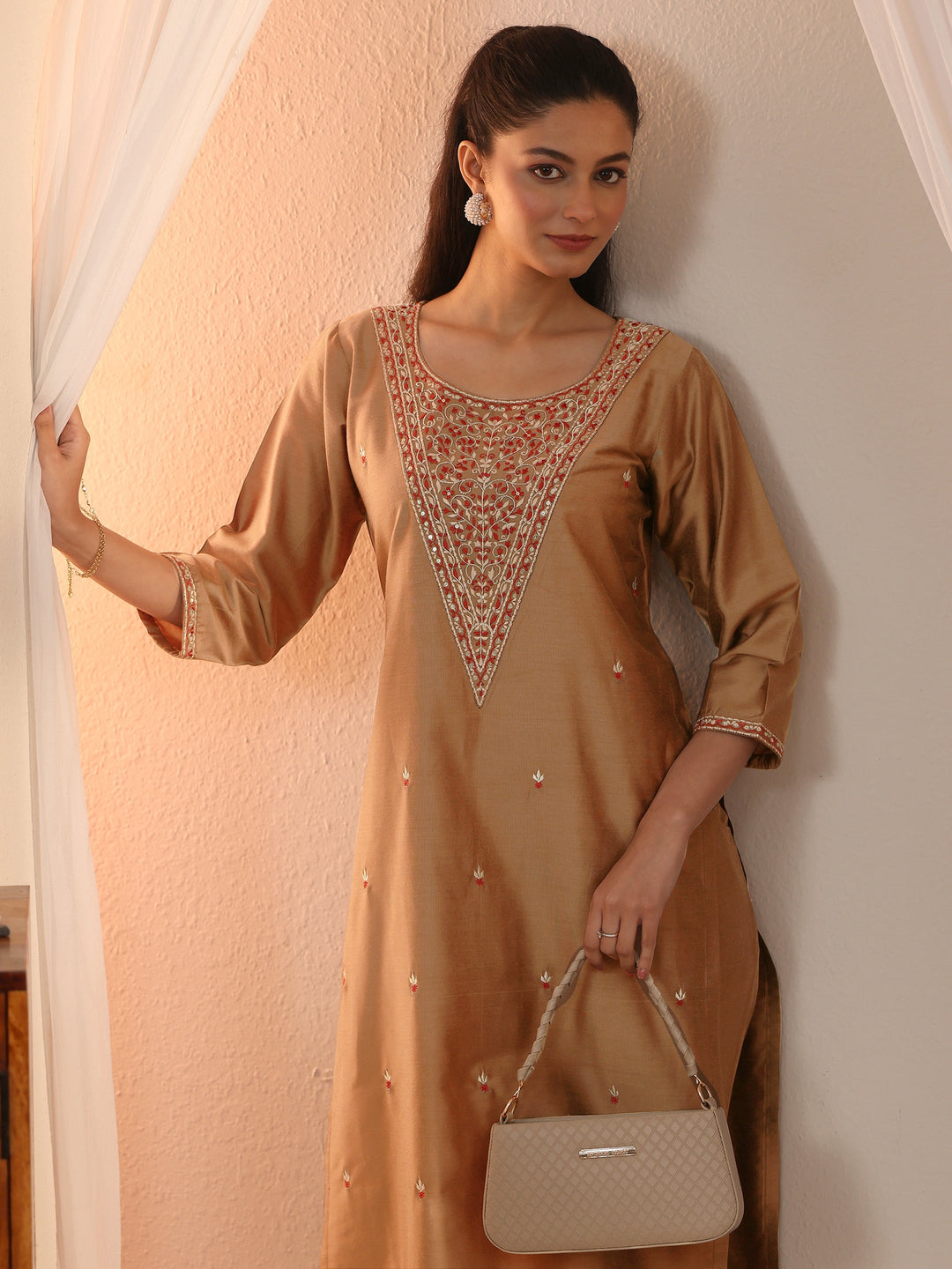 Libas Brown Floral Embroidered Silk Blend Straight Kurta Set
