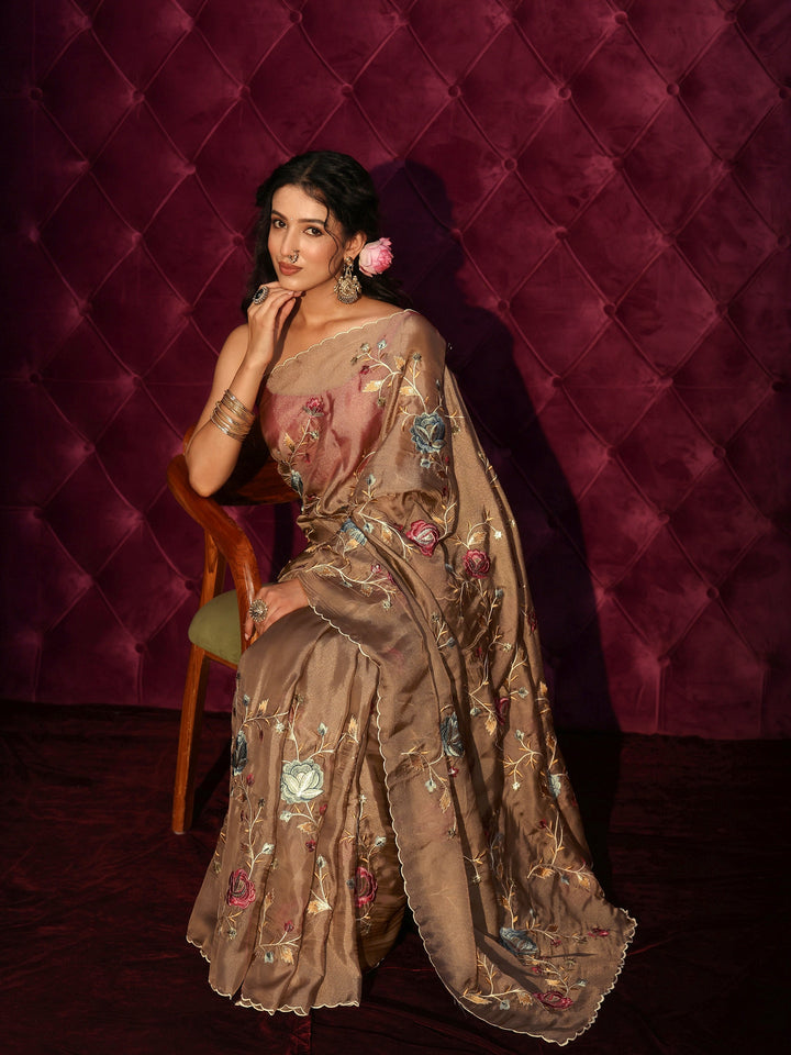 Libas Brown Floral Embroidered Tissue Saree