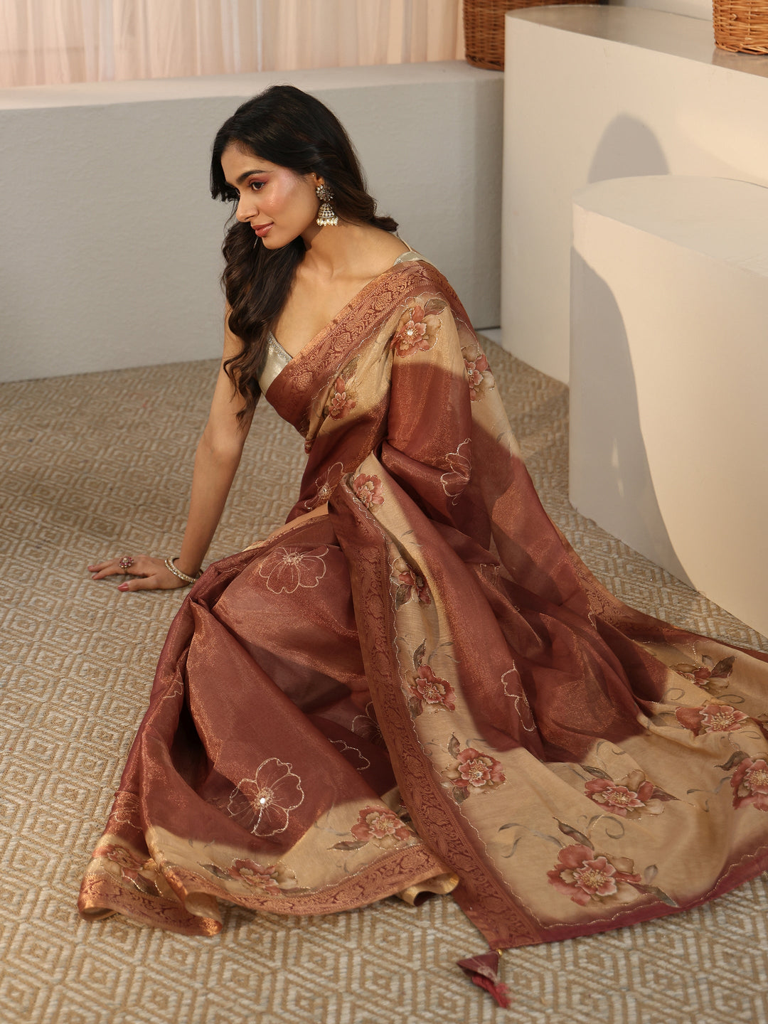 Libas Brown Floral Printed Ombre Silk Blend Saree