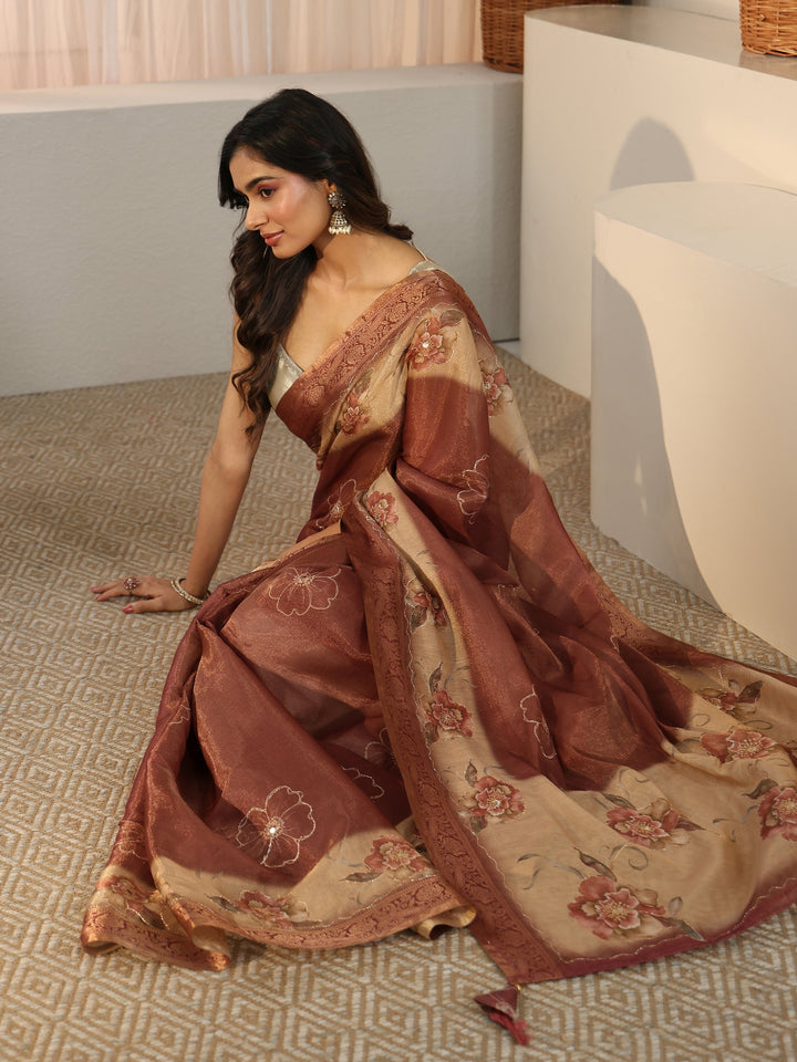 Libas Brown Floral Printed Ombre Silk Blend Saree