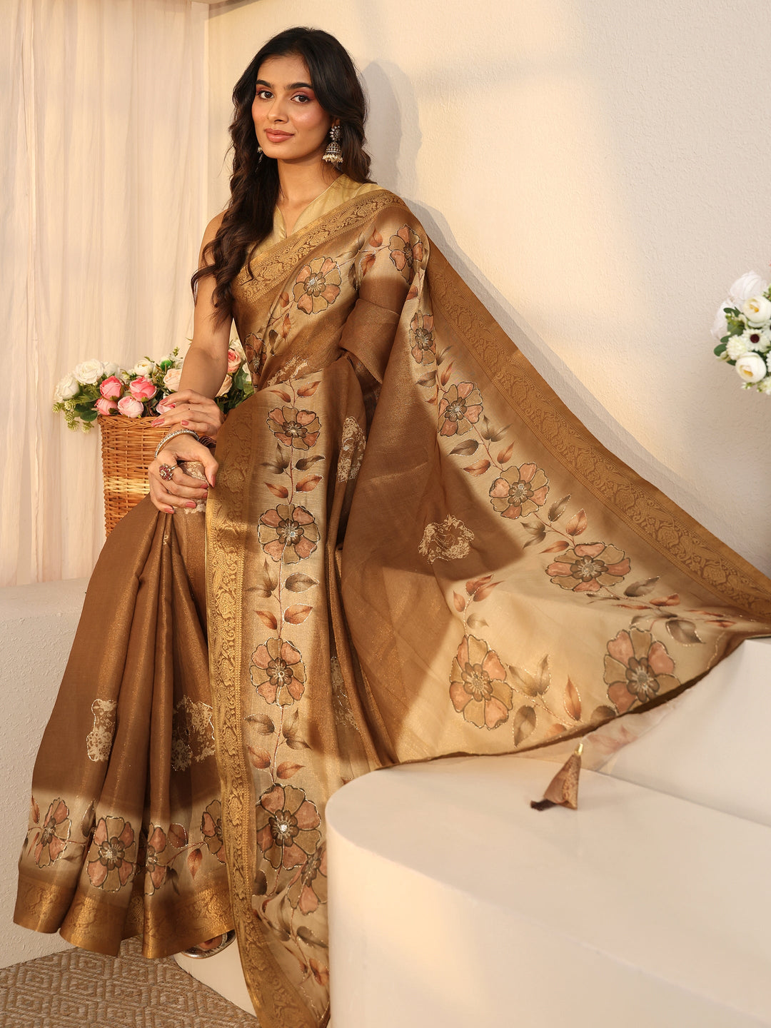 Libas Brown Floral Printed Silk Blend Ombre Saree with Woven Border