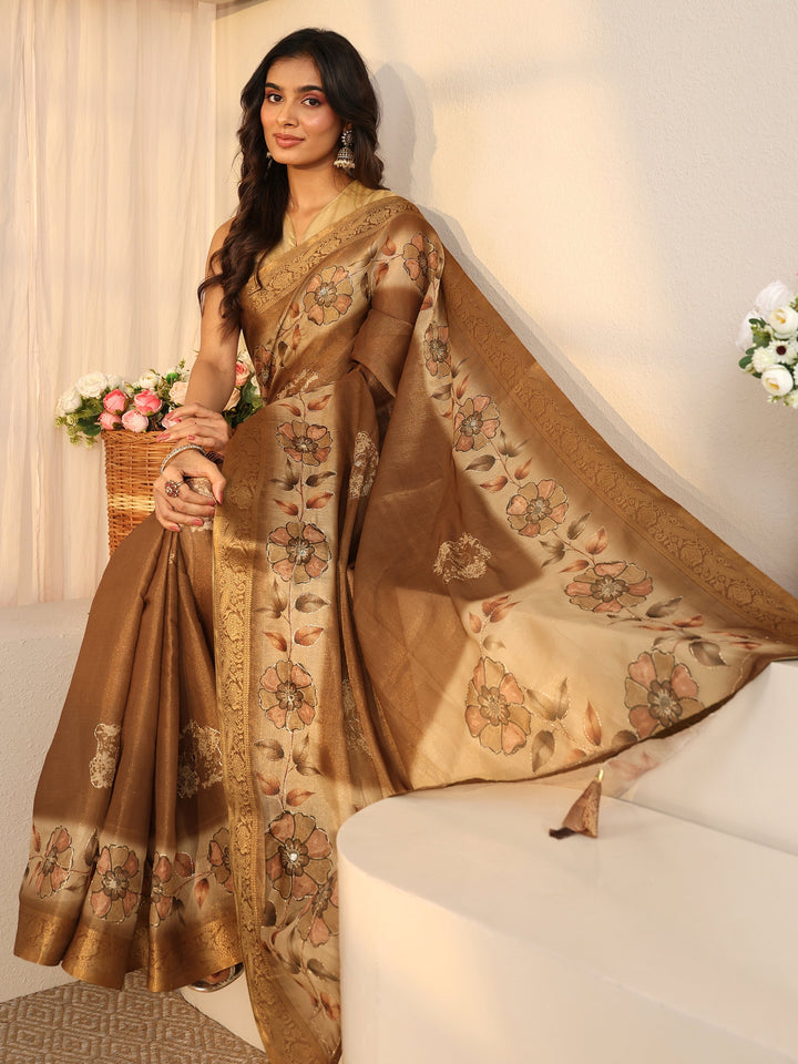 Libas Brown Floral Printed Silk Blend Ombre Saree with Woven Border