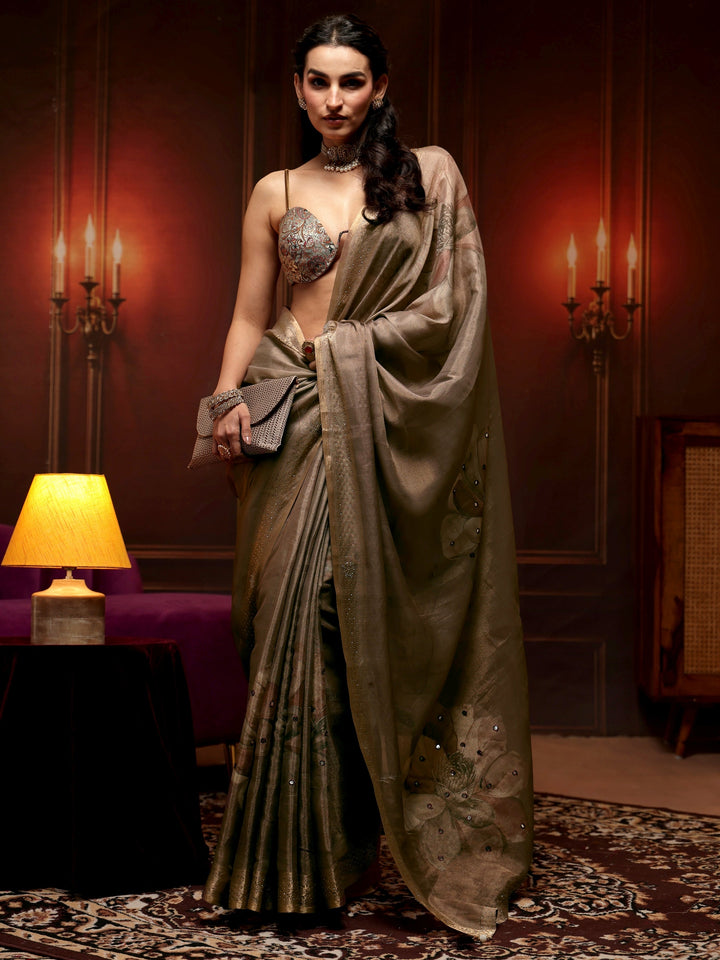 Libas Brown Floral Printed Silk Blend Saree