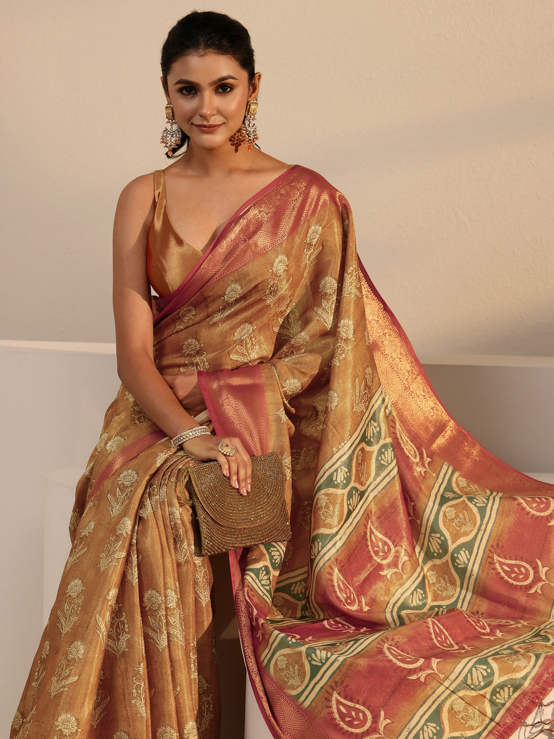 Libas Brown Floral Printed Silk Blend Saree with Woven Border