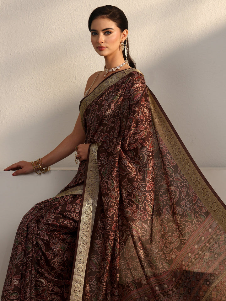 Libas Brown Floral Printed Silk Blend Saree with Woven Border