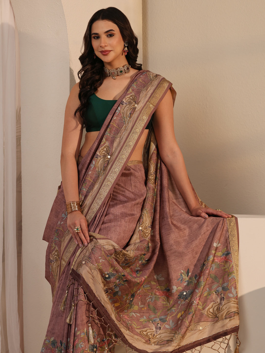 Libas Brown Floral Printed Silk Blend Tassel Saree