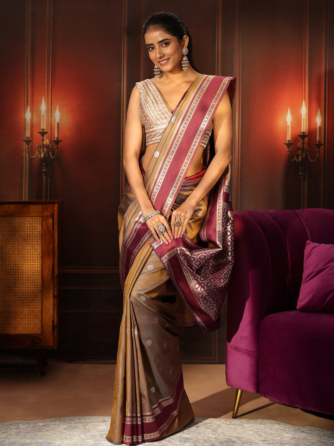 Libas Brown Kanjeevaram Silk Blend Saree