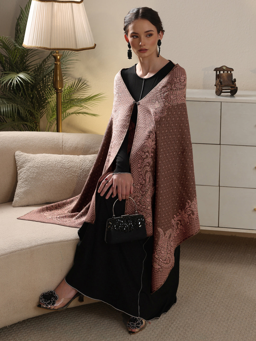 Libas Brown Paisley Knitted Acrylic Wrap Shawl