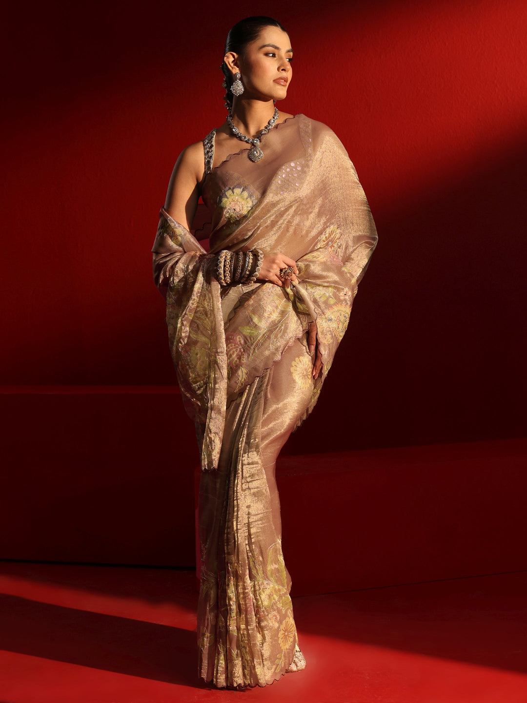 Libas Brown Printed Silk Blend Saree with Scalloped Border