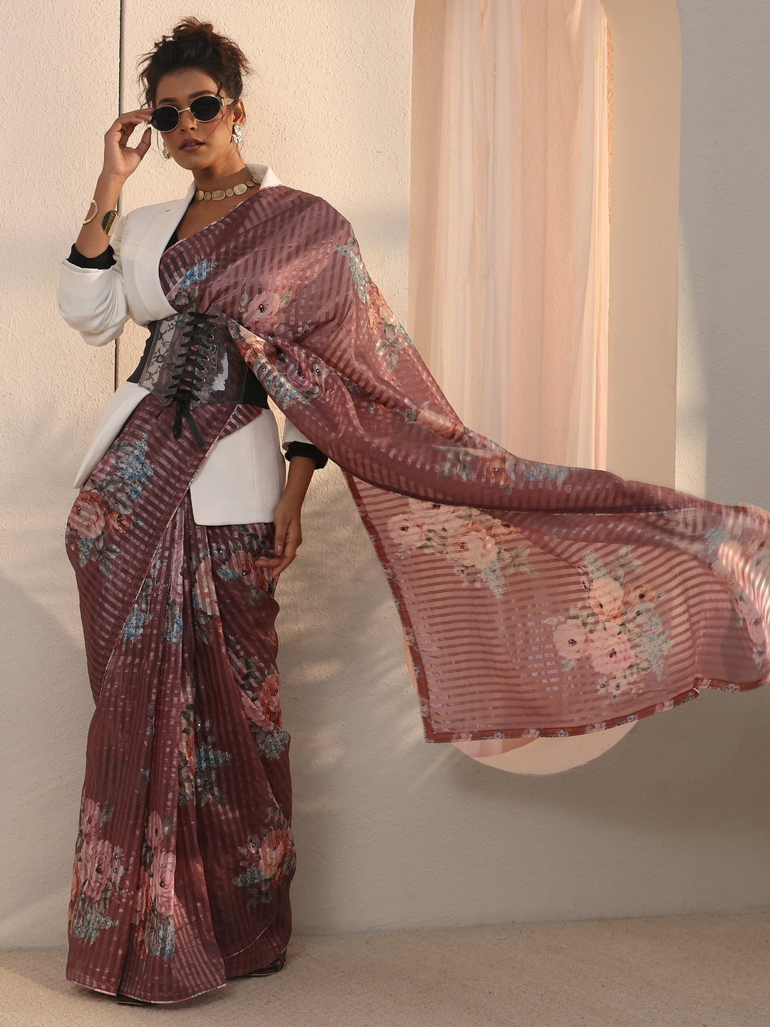Libas Brown Striped Floral Printed Organza Saree