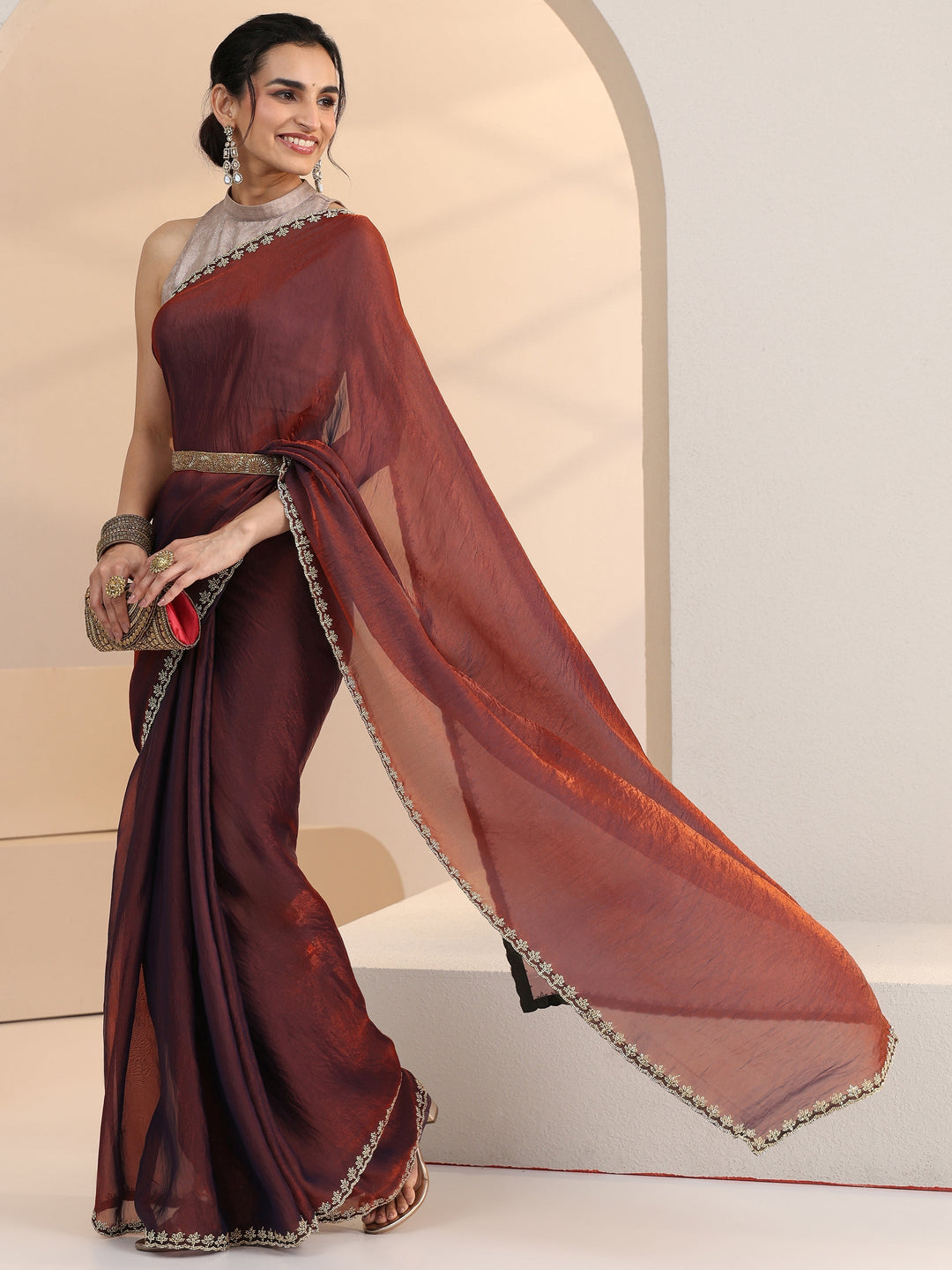Libas Brown Tissue Saree with Stone Work Border