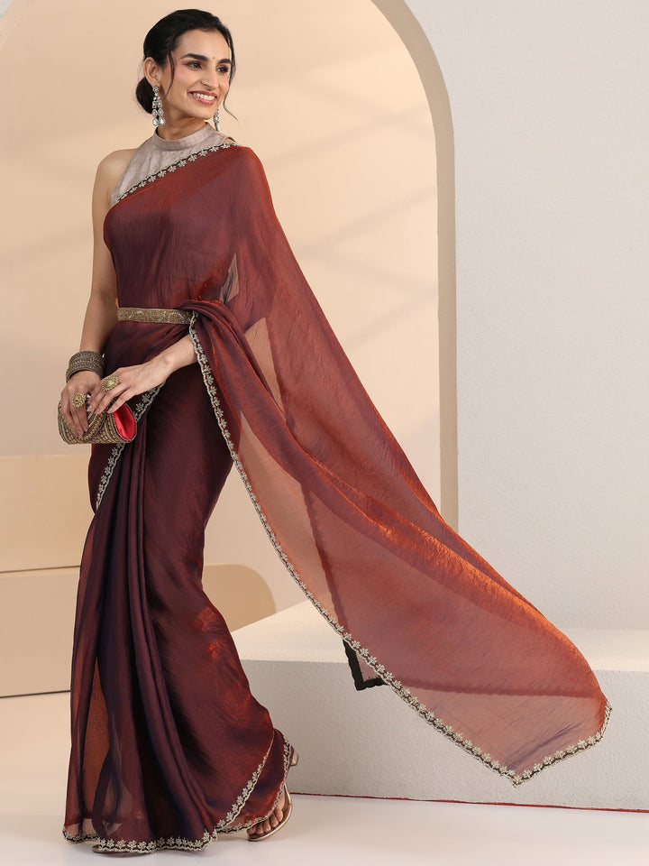 Libas Brown Tissue Saree with Stone Work Border