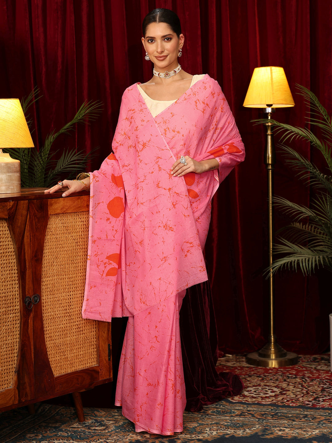 Libas Bubblegum Pink Batik Print Cotton Saree