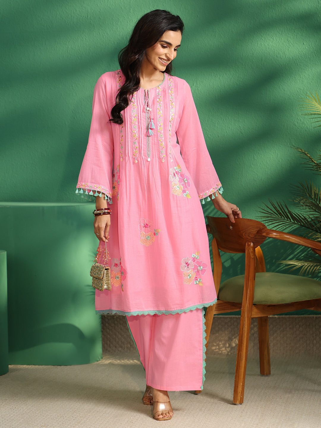 Libas Bubblegum Pink Floral Embroidered Co-Ord Set