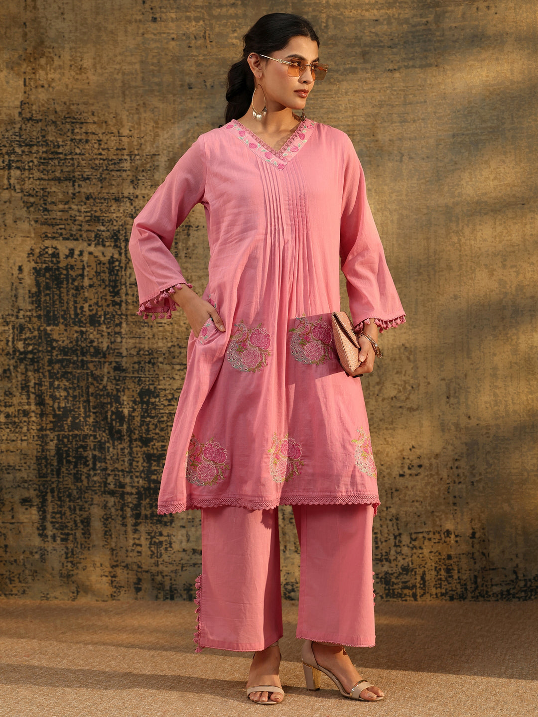 Libas Bubblegum Pink Floral Embroidered Cotton A line Kurta Set