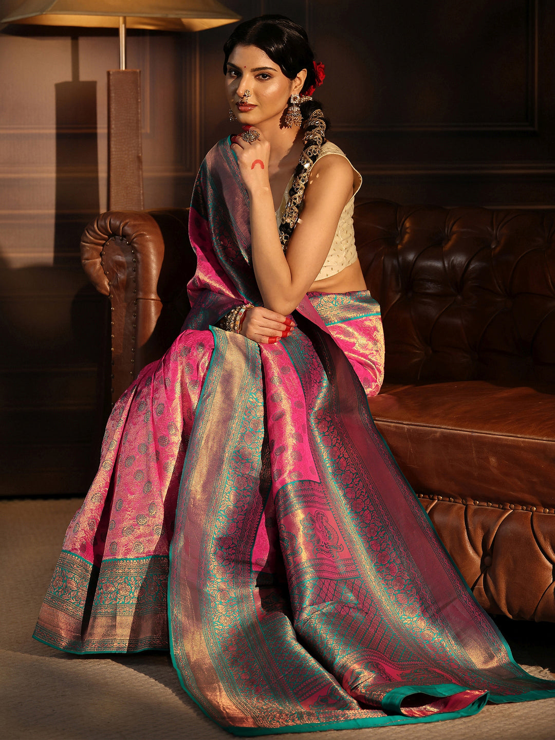Libas Bubblegum Pink Woven Design Silk Blend Saree
