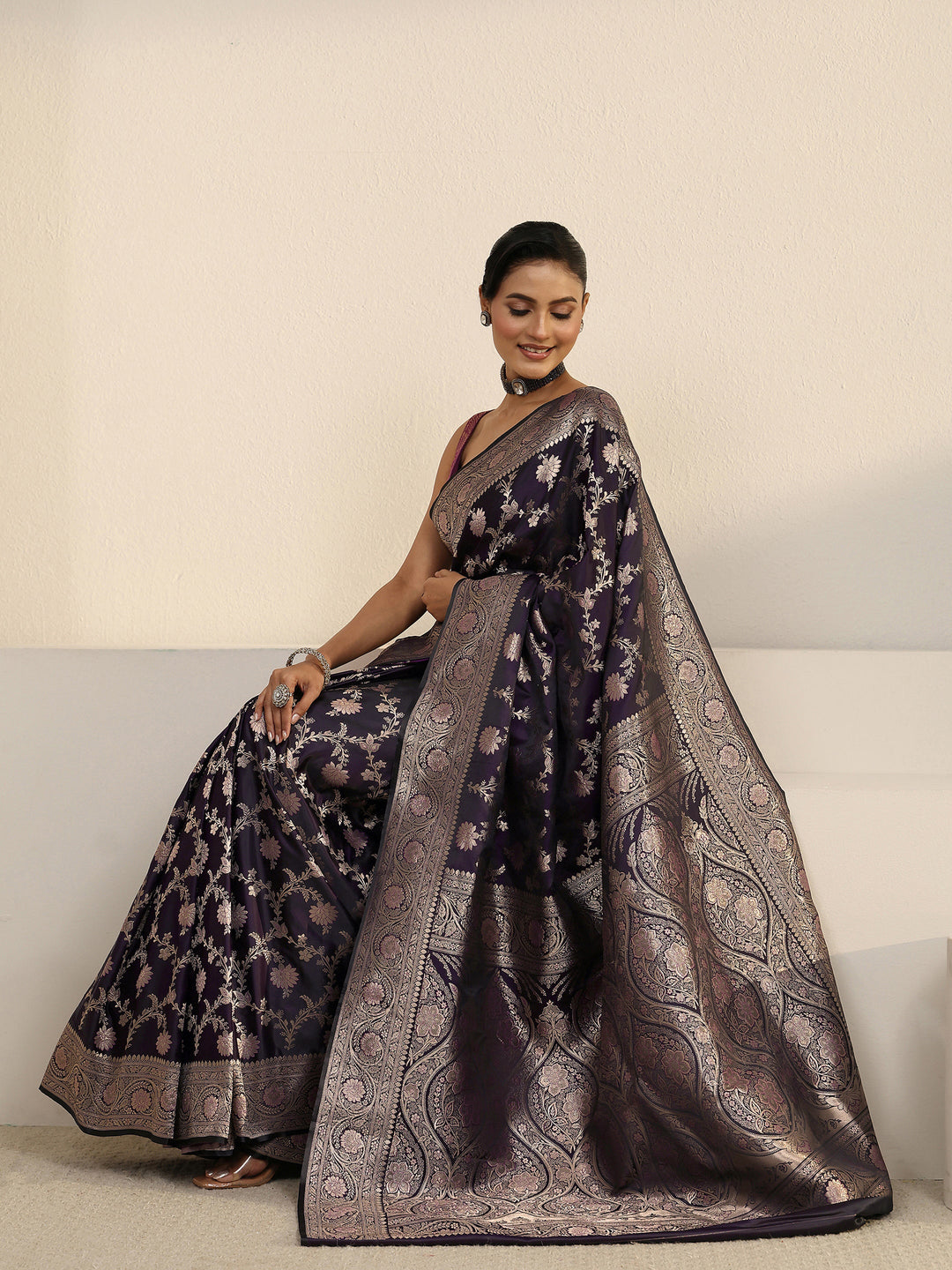 Libas Burgundy Banarasi Satin Saree