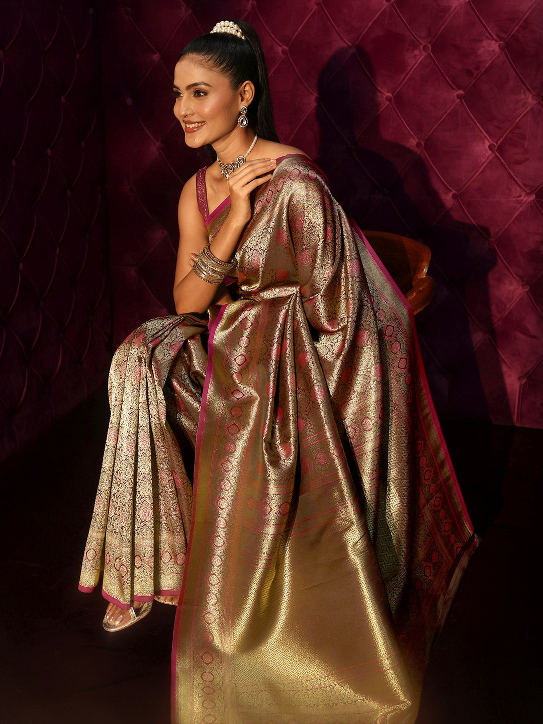 Libas Burgundy Banarasi Silk Blend Saree
