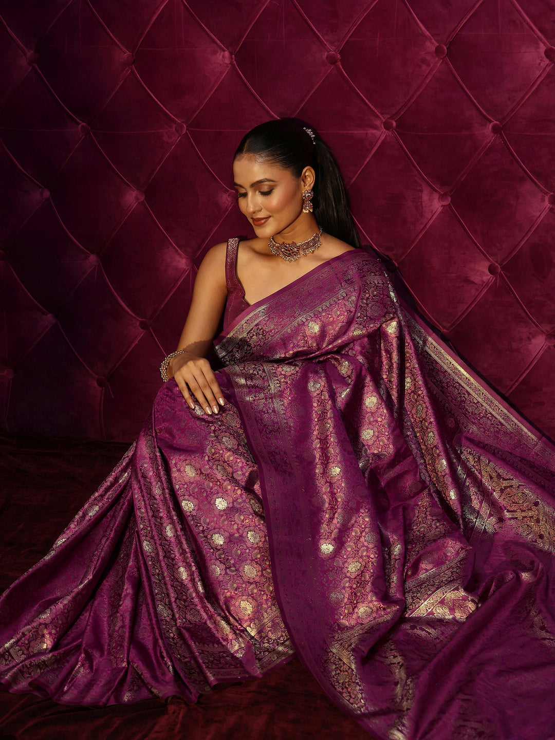 Libas Burgundy Banarasi Silk Blend Tassel Saree