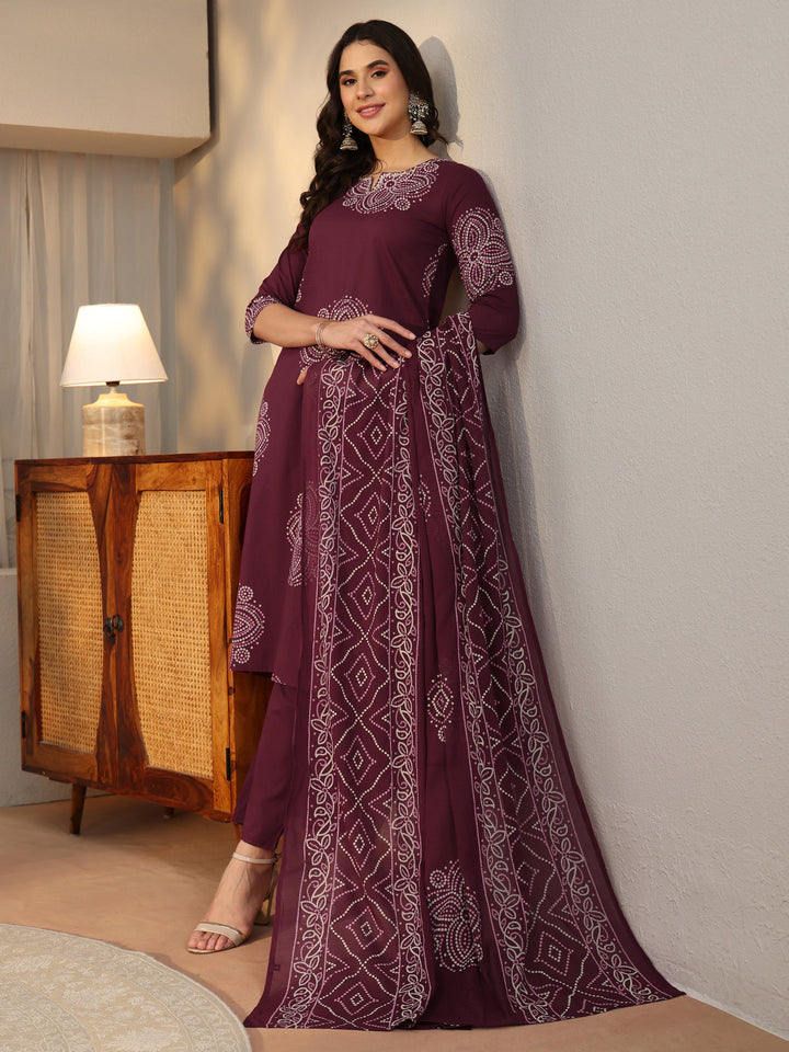 Libas Burgundy Bandhani Printed Cotton Straight Suit Set