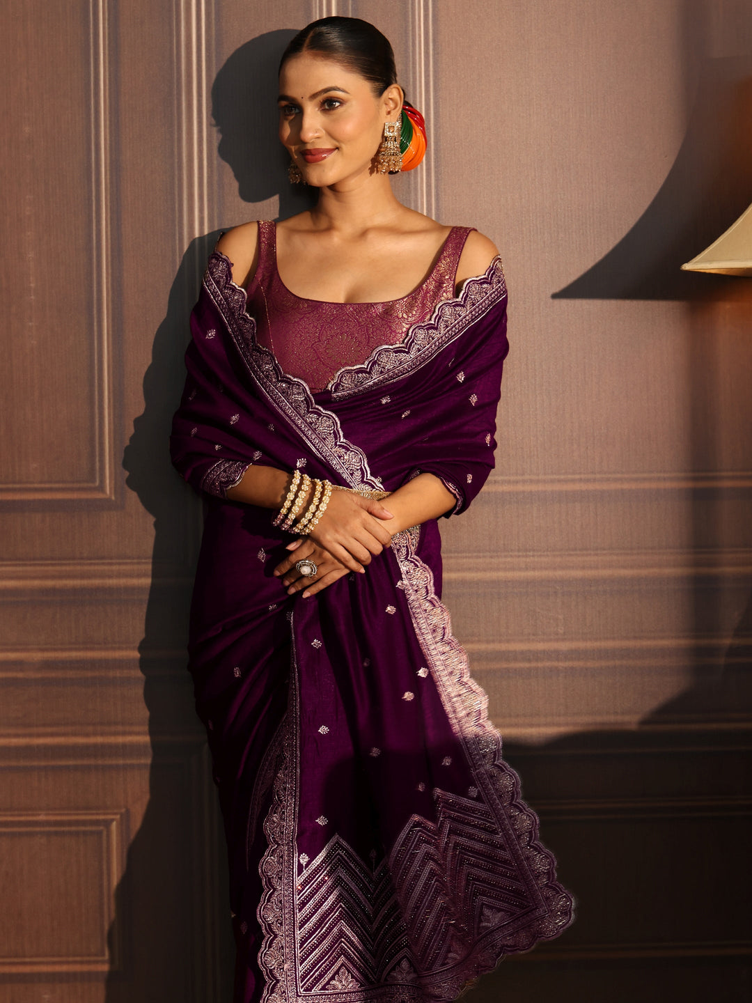 Libas Burgundy Embellished Scalloped Border Silk Blend Saree