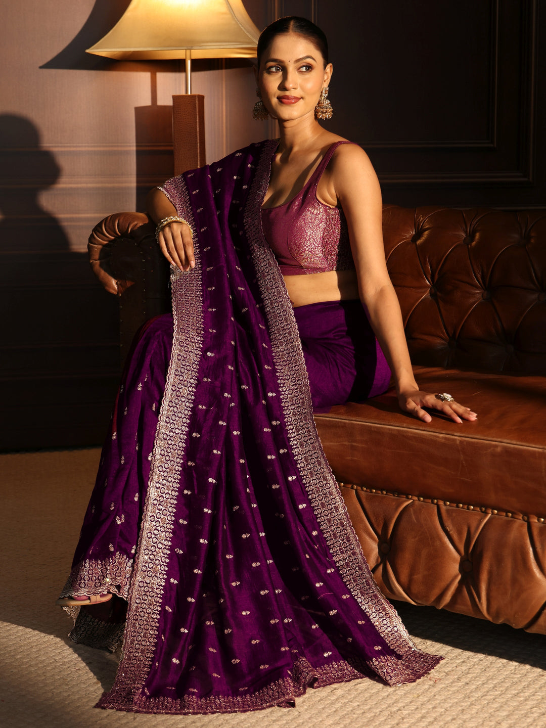 Libas Burgundy Embellished Silk Blend Saree