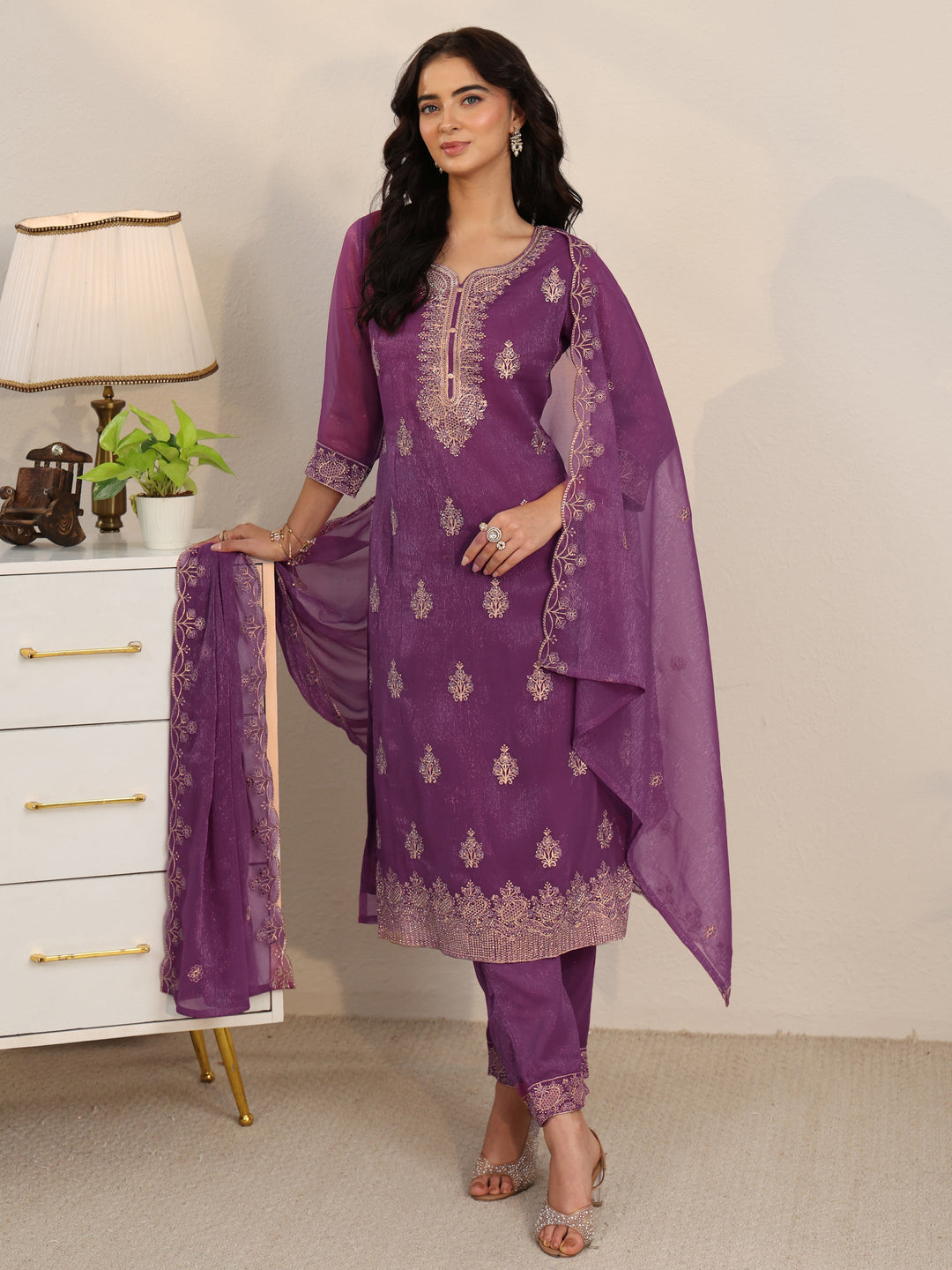 Libas Burgundy Embroidered Chinon Straight Suit Set