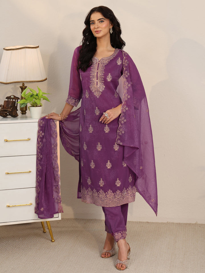 Libas Burgundy Embroidered Chinon Straight Suit Set