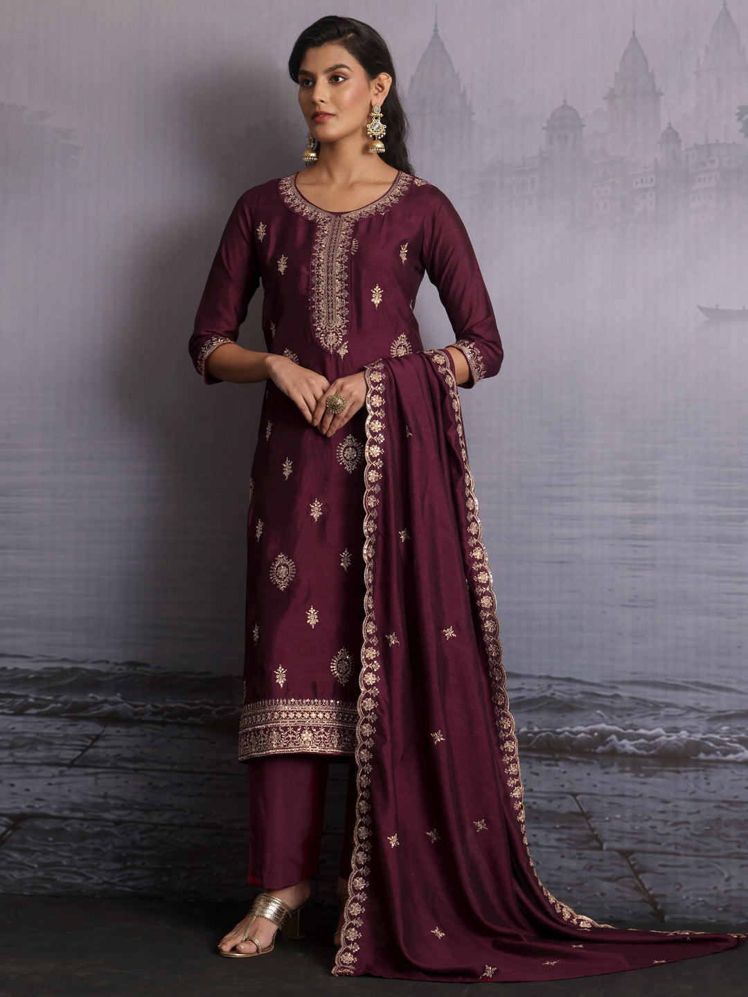 Libas Burgundy Ethnic Embroidered Silk Blend Straight Suit Set