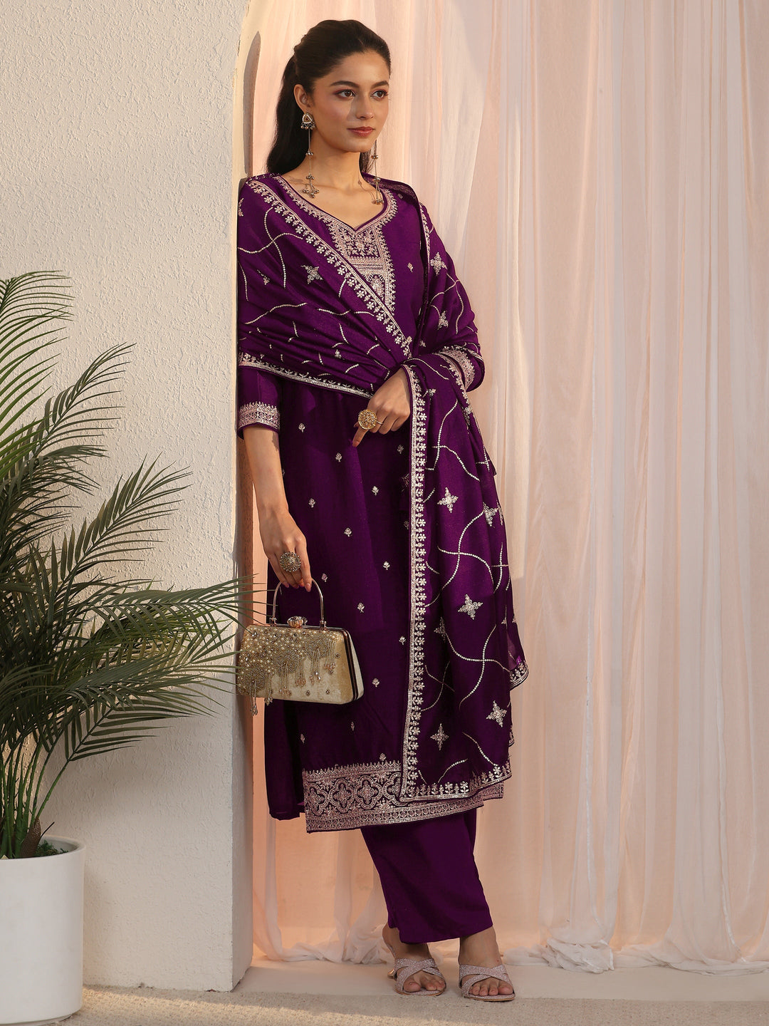 Libas Burgundy Ethnic Embroidered Silk Blend Straight Suit Set