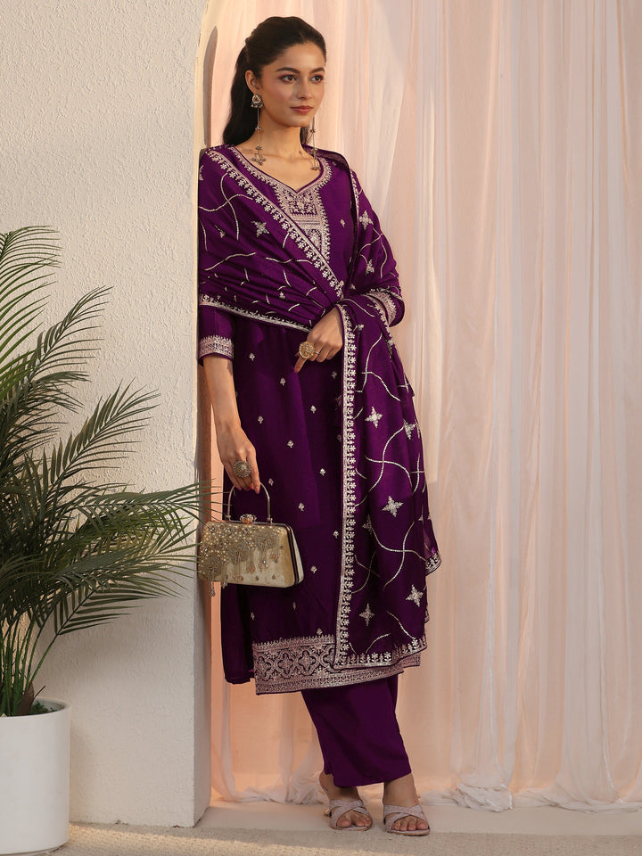 Libas Burgundy Ethnic Embroidered Silk Blend Straight Suit Set