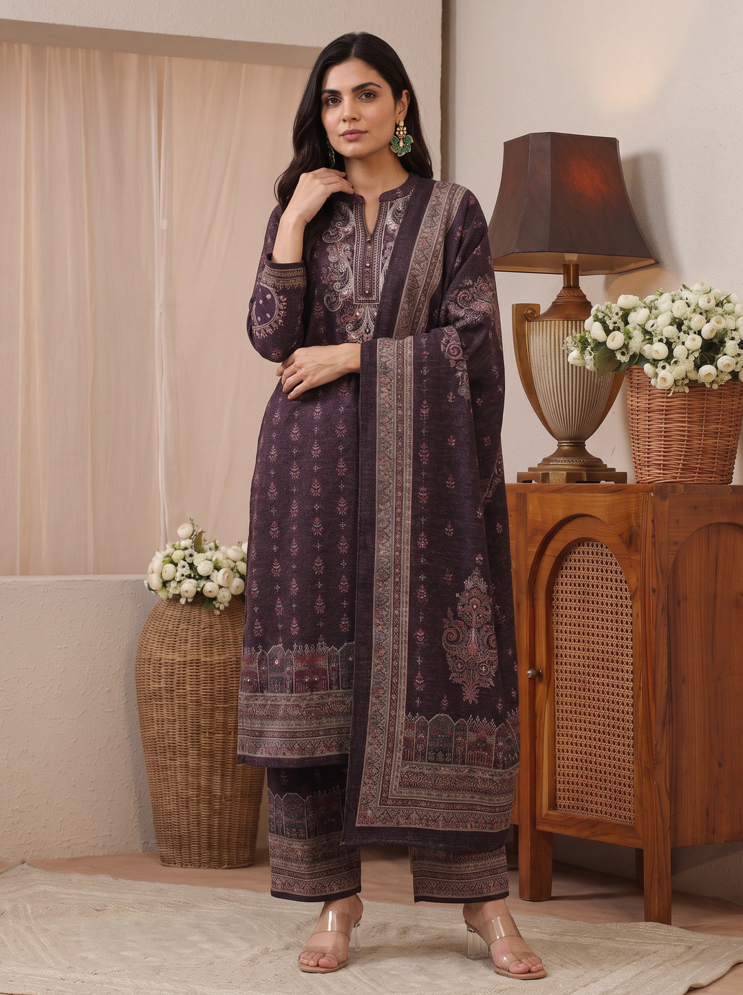 Libas Burgundy Ethnic Motif Printed Wool Straight Suit Set