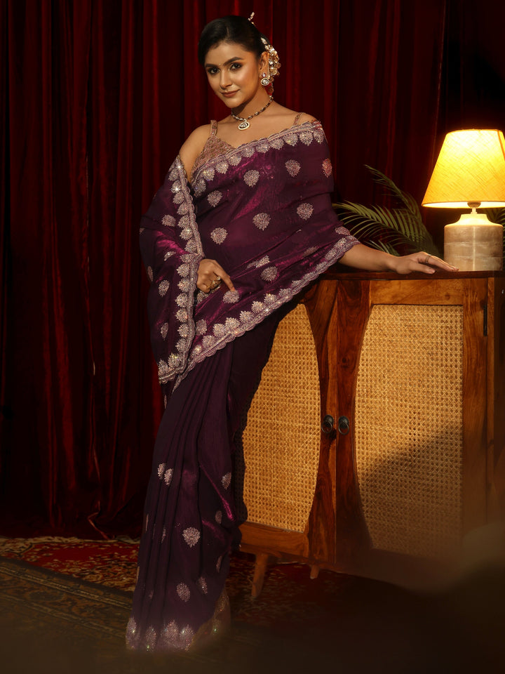 Libas Burgundy Floral Embellished Tissue Saree