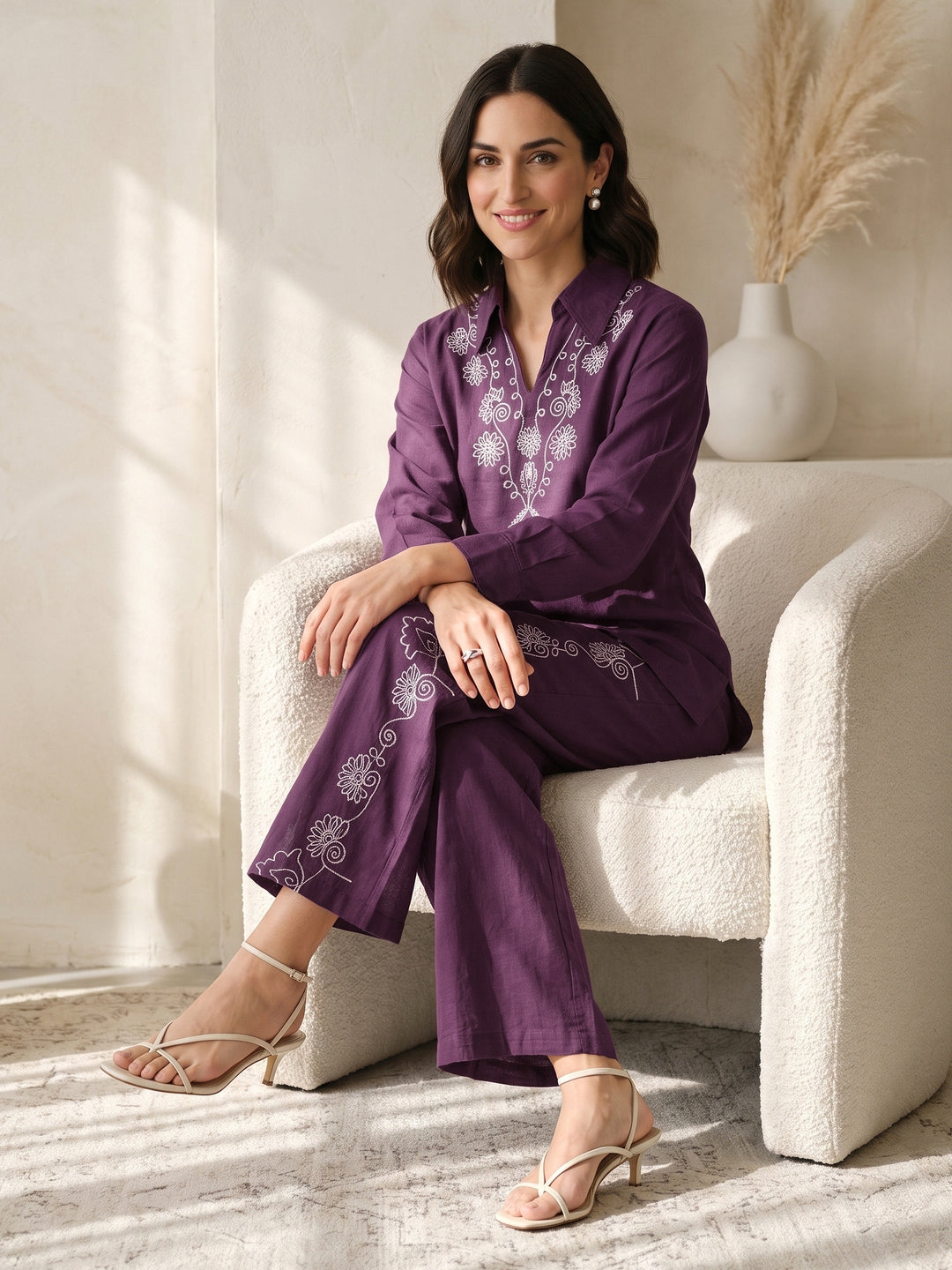 Libas Burgundy Floral Embroidered Cotton Blend Co-Ord Set