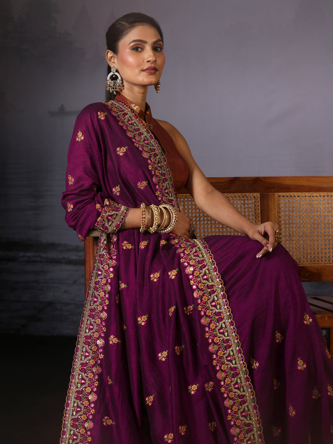Libas Burgundy Floral Embroidered Silk Blend Saree