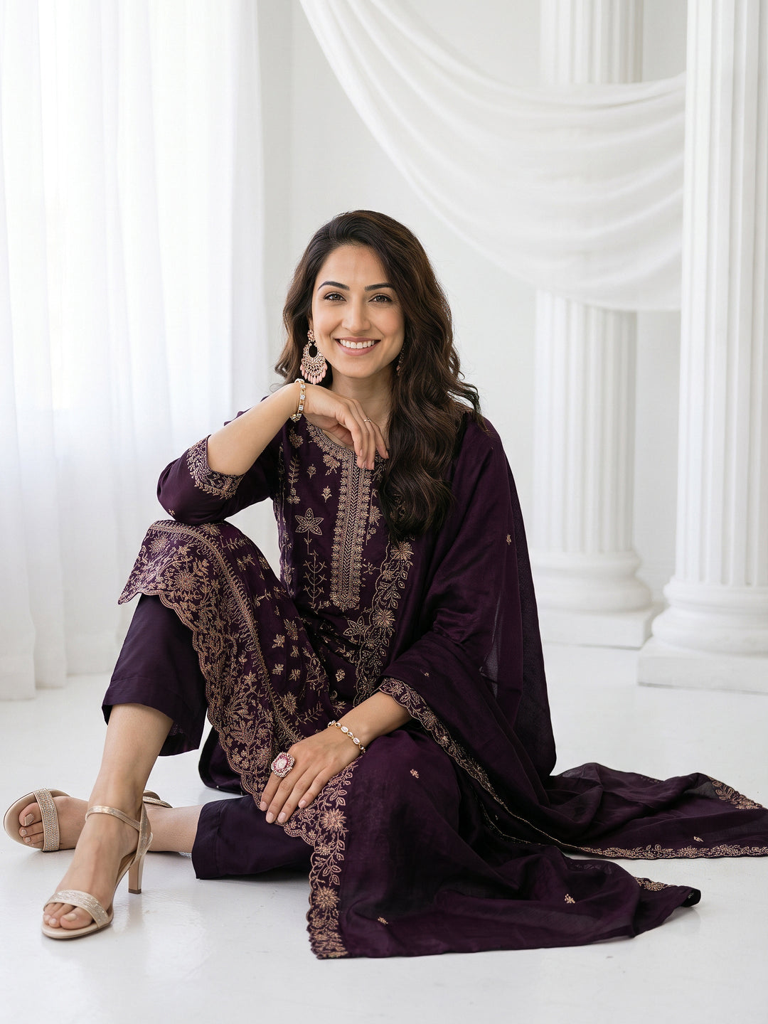 Libas Burgundy Floral Embroidered Silk Blend Straight Suit Set