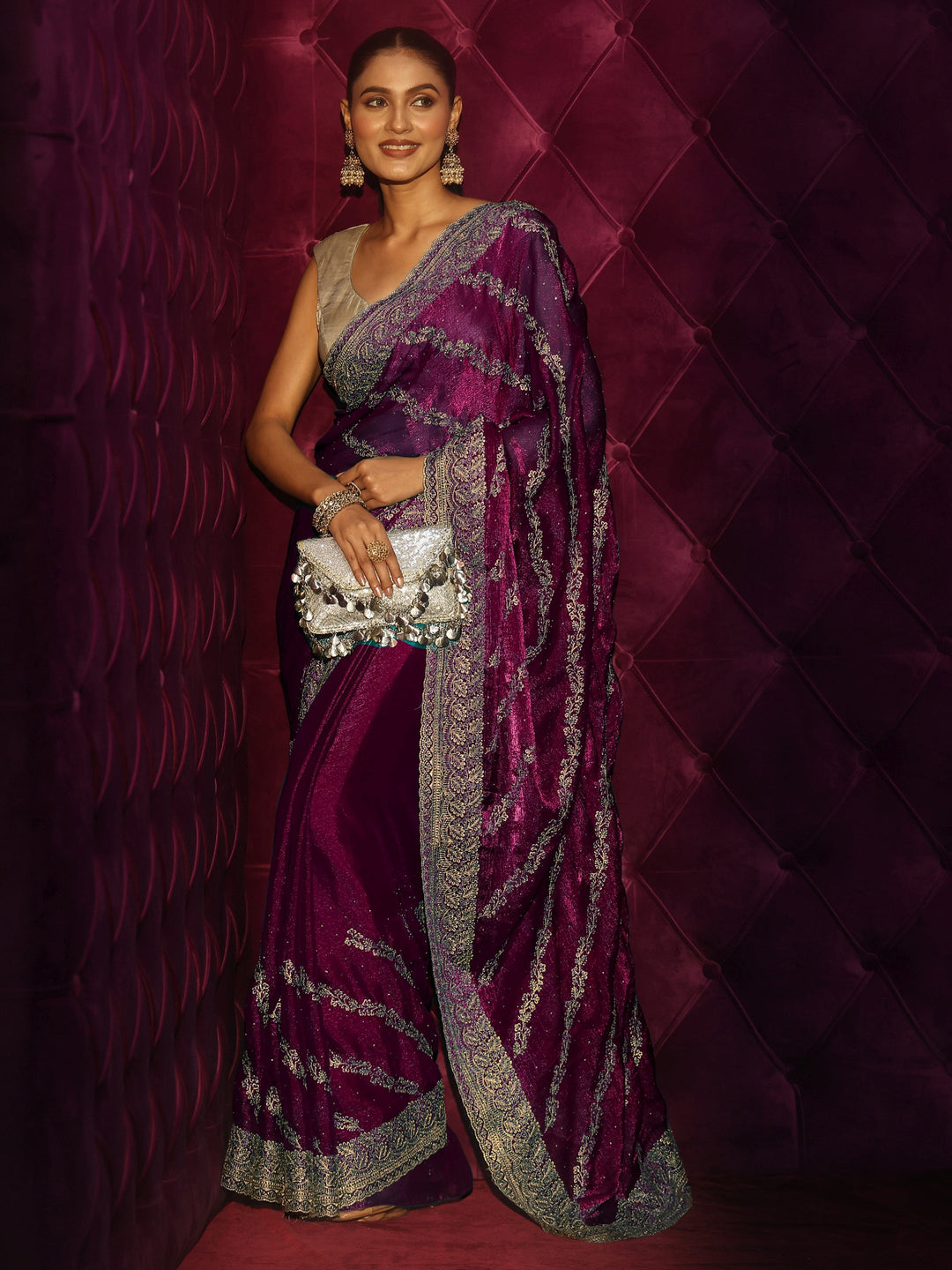 Libas Burgundy Floral Embroidered Tissue Saree