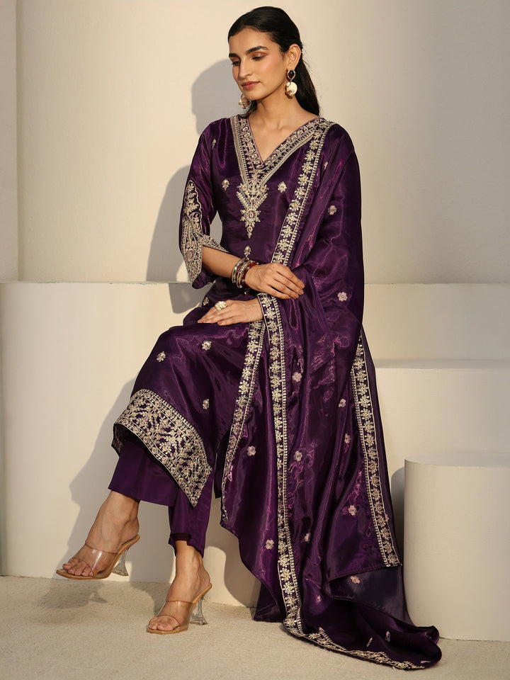 Libas Burgundy Floral Embroidered Tissue Straight Suit Set
