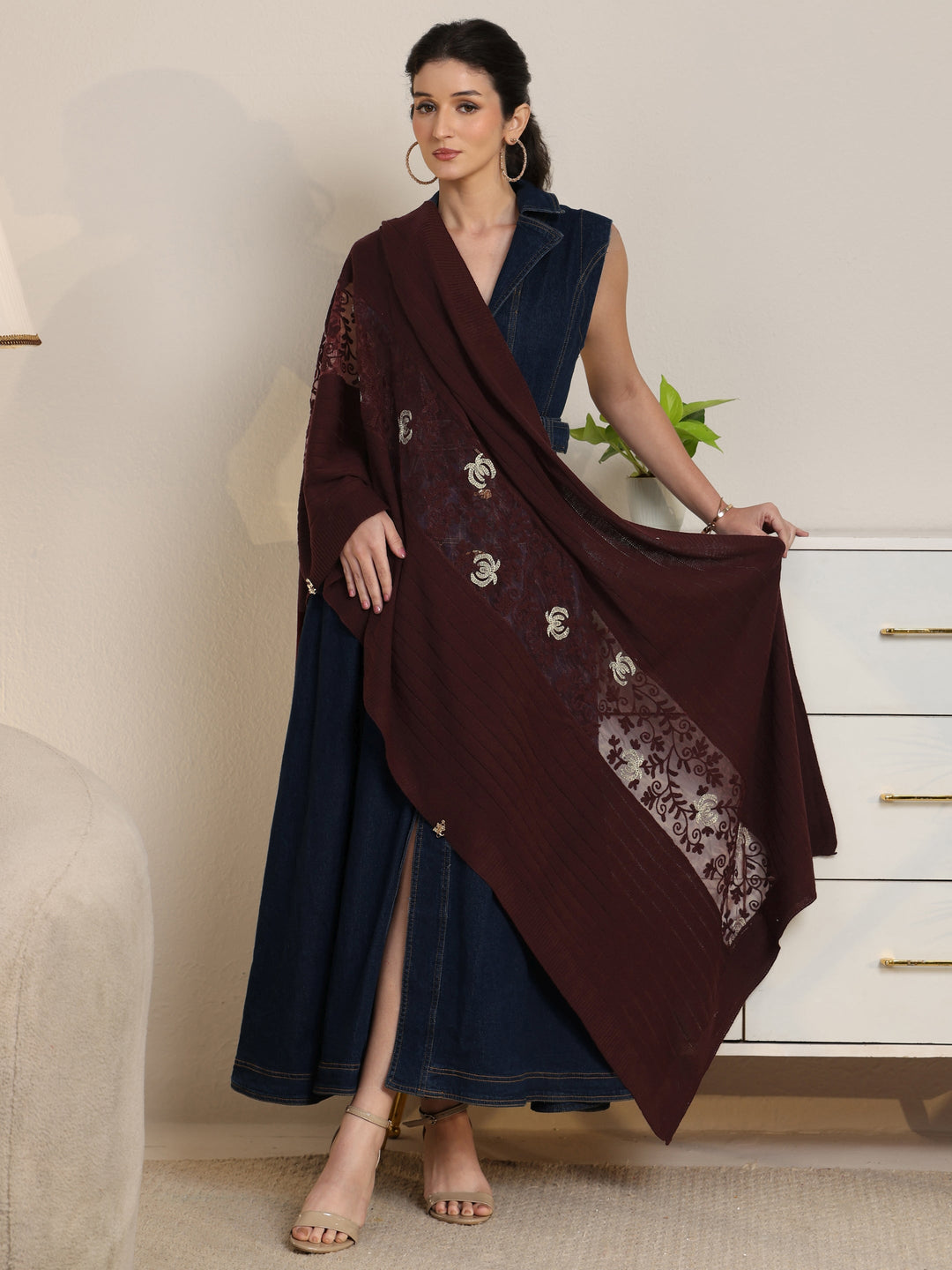 Libas Burgundy Floral Knitted Acrylic Wrap Shawl