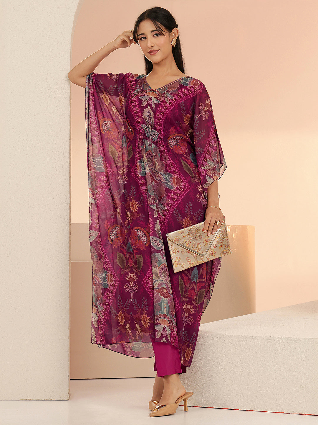 Libas Burgundy Floral Printed 3 Piece Chiffon Kaftan Kurta Set