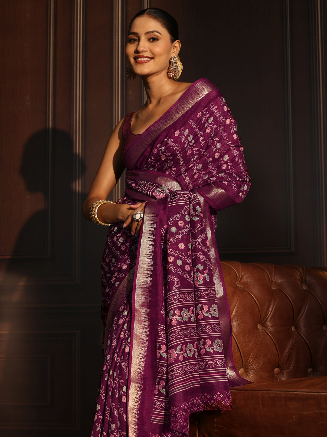 Libas Burgundy Floral Printed Silk Blend Saree